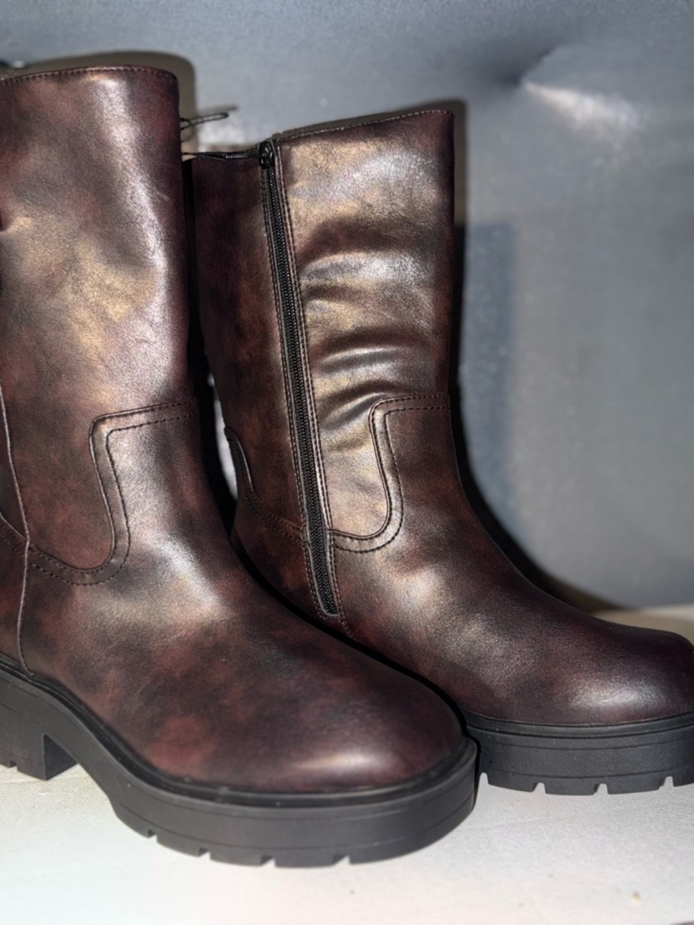 Womens Brown Mid Calf Boots Size 9 Lug Sole Zip Combat Chunky NoBo New